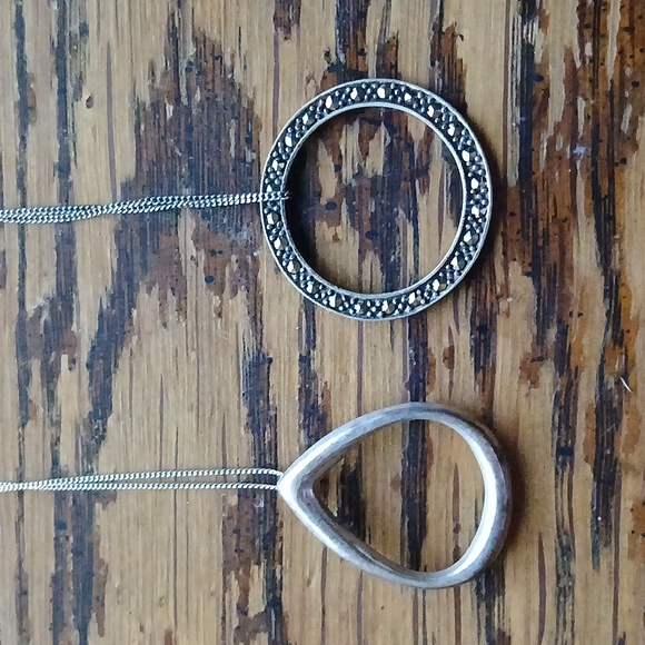 Lot Two Sterling Silver Necklace Circle And Teardrop Open Work W/Chains - Picture 1 of 6